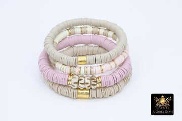 Initial Heishi Gold Stretchy Bracelet #698, Pink Beige and Bone Clay Rondelle Flat Beaded Bracelets, Gold Drum Stacks